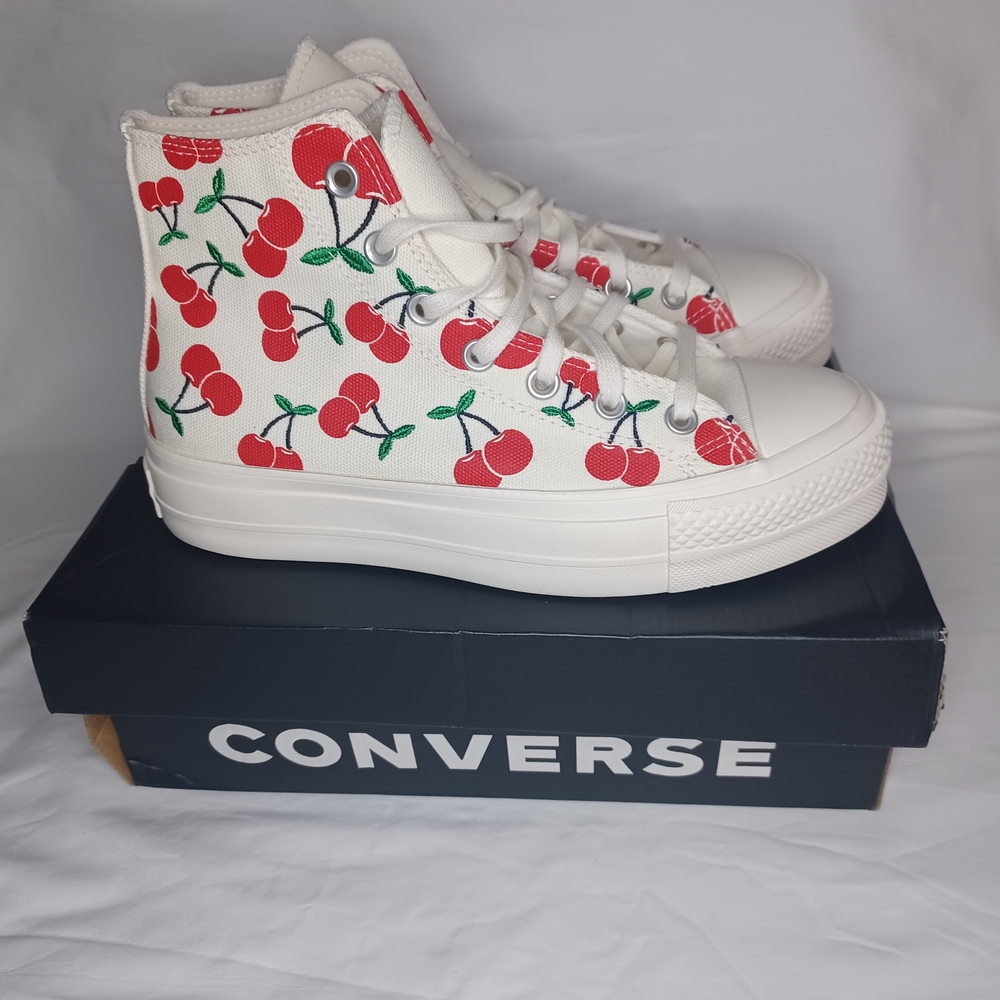 Converse Women's White and Red High-Top Sneakers - Picture 2 of 11
